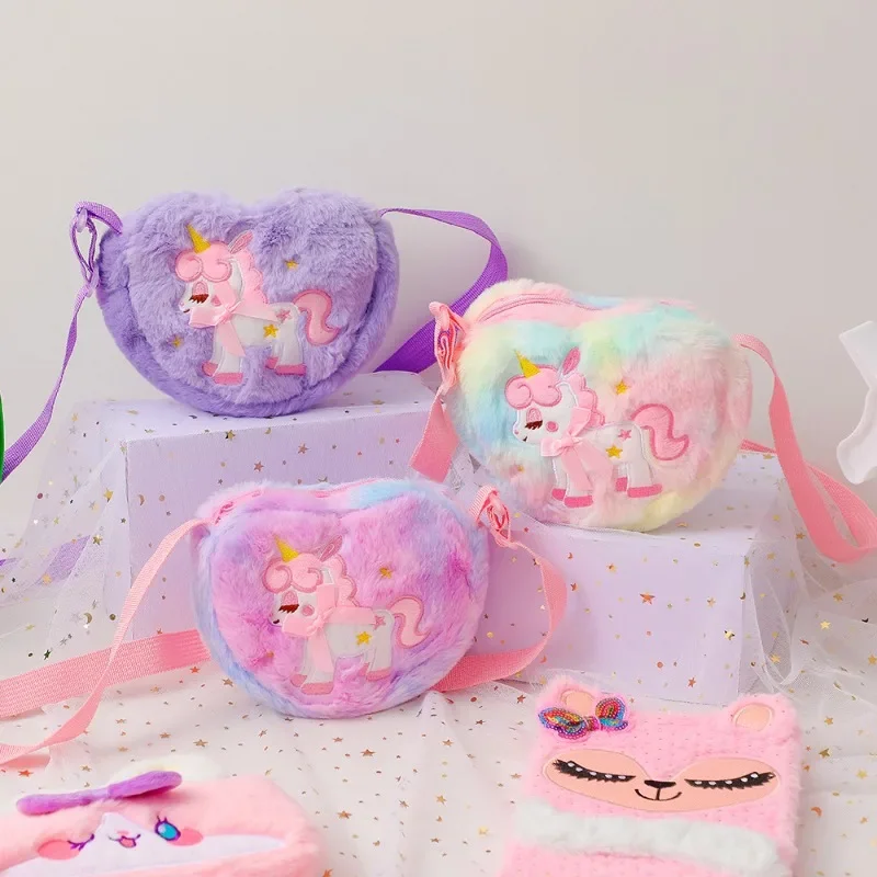 Cute Unicorn for Girls Plush Heart Zipper Shoulder Bag Messenger Bag Coin Purse Wallet Crossbody Bag Kids Gift Small Backpack