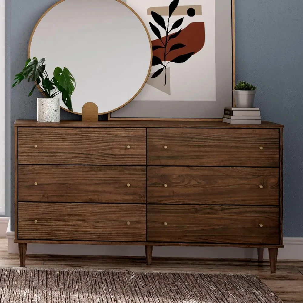 Mid Century 6-Drawer Dresser, Brushed Walnut