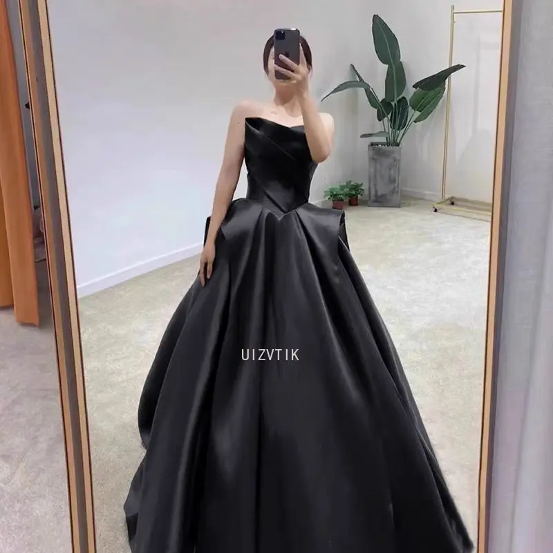 

Women Party Evening Dresses Satin Strapless Host Evening Dress Female Banquet Temperament Bride Toast Wine Red Black Prom Dress