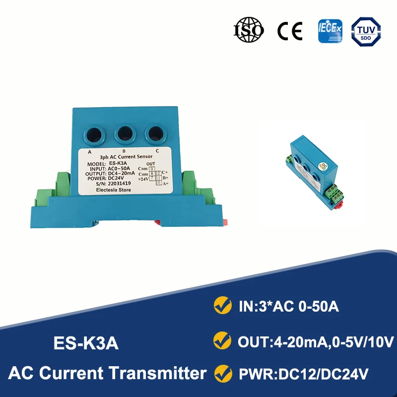 

Three Phase Split Core Hall Current Sensor Input AC 10A 30A 50A Output 0-5V 4-20mA Analog Signal Converter Current Transmitter