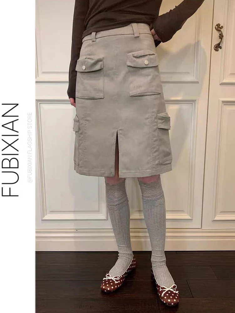 Loose Women's Workwear  Skirt Spring Summer New Style Retro Multi Pocket Gentle Wind Split Half Skirt Korean Version