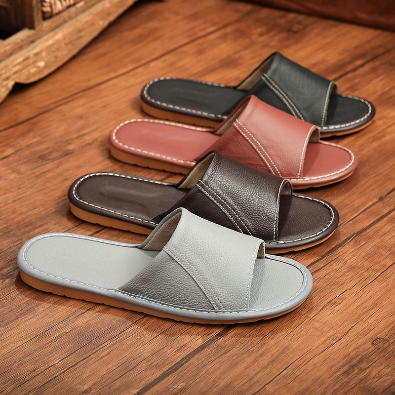Summer Genuine Leather Home Anti-Slip Slip-On Shoes Men's Indoor Home Soft Bottom Cowhide Surface Japanese Style Four Seasons