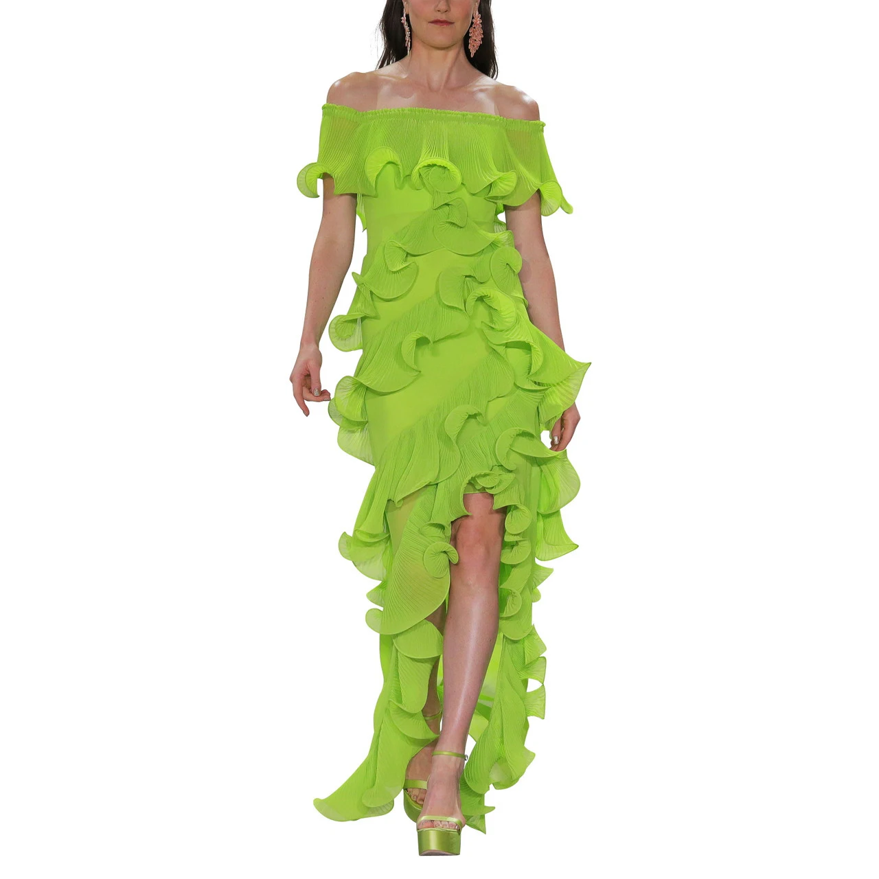 New In Green Fluffy Mermaid Prom Dresses Hi Low Boat Neck Cap   Sleeves Ruffles Long Women Evening Dressing Gowns Pleated Party