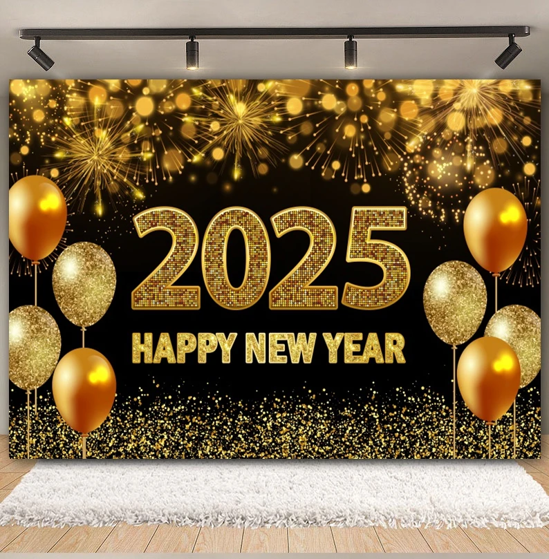 2025 Happy New Year Backdrop Fireworks Clock Champagne New Year Eve Countdown Christmas Family Party Photography Background Deco