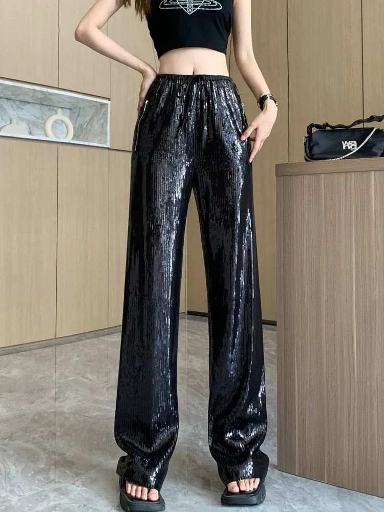 Błyszczące spodnie z szerokimi nogawkami dla kobiet Jesienne spodnie z wysokim stanem ze sznurkiem Casualowe spodnie z prostymi nogawkami o długości do podłogi 2025 Nowa wiosna