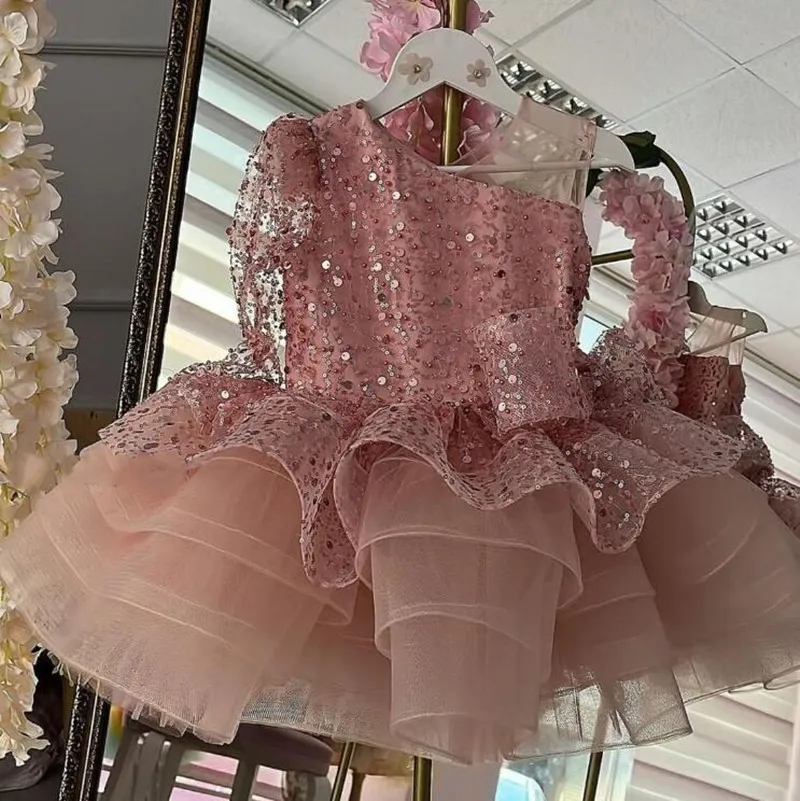 

Luxury Flower Girl Dress Scoop Neck Puff Girls Party Dresses for Wedding Long Sleeves Tulle Kids Christmas Ceremonial Dress