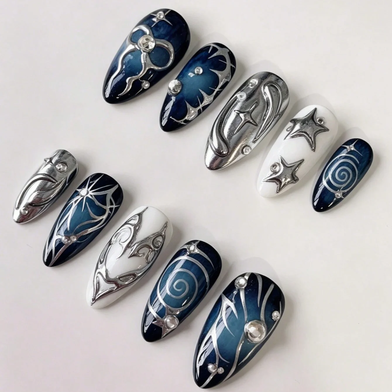 10Pcs Handmade Acrylic Press On Nail Set, Long Almond Mirror Glossy Dark Blue Nails, Retro Y2K Goth Nails, Fake Nails, Summer image 3
