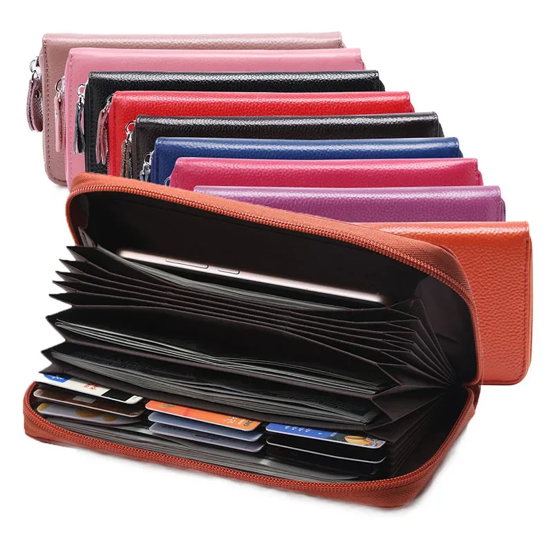 RFID Anti-Theft Genuine Cowhide Leather Wallet Men Women Multifunctional Card Holder Large Capacity Long Phone Clutch Money Bag