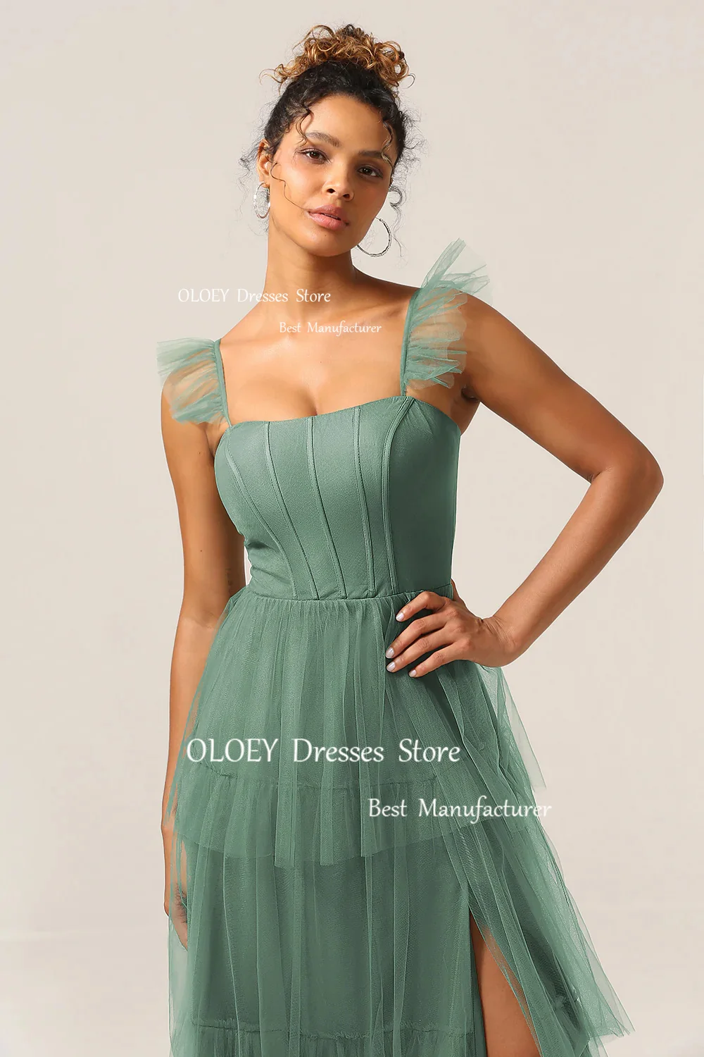 OLOEY Elegant Strapless Green Prom Dress Tiered Silky Organza Photoshoot Wedding Party Dress Floor length Performance Dress