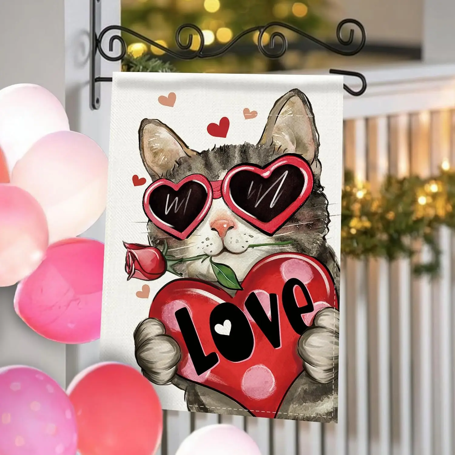 Valentines Day Tabby Cat Decorative Garden Flag, Red Love Heart Yard Outside Decoration Pet Owner Lover Gift, Anniversary We PPM