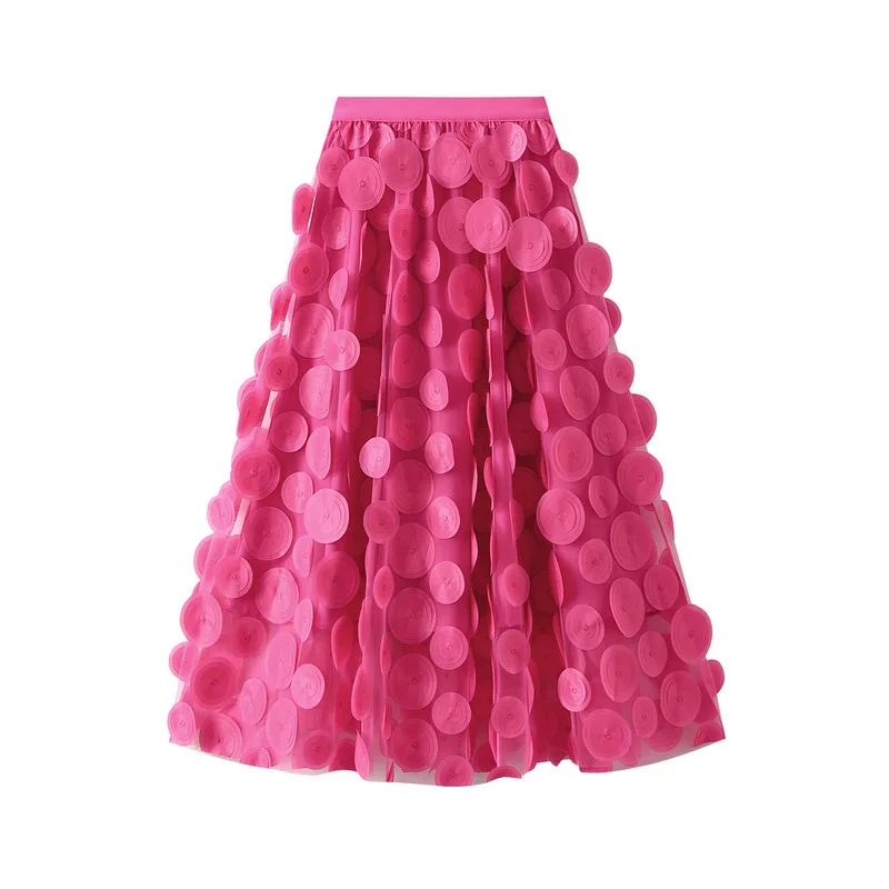 3D Polka Dot Mesh Skirt Elegant Hepburn A-line Umbrella Skirt Elastic Waist Summer Skirts Big Swing French Mesh Dress Y2k Robes