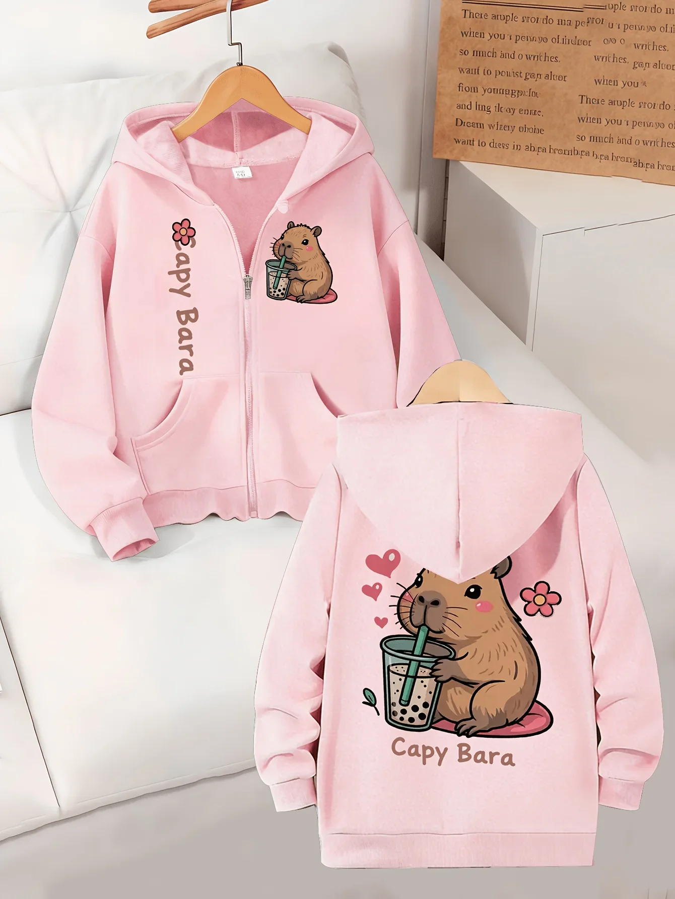 Girls' Capybara Letter-Print Hoodie – Casual, Sporty Style for Older Girls – Stylish Zip-Up Hoodie for Spring, Autumn,and Winter