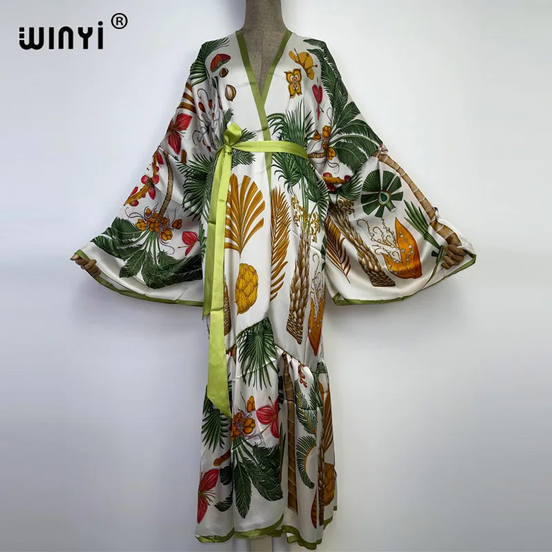 WINYI Bikini Cover-ups Black Retro Fashion printing Self Belted Women Summer Clothing Kimono Dress Beach Wear Swim Suit Cover Up