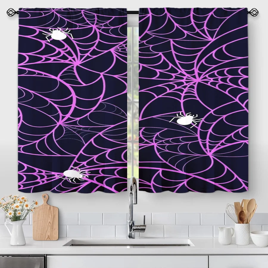 2PCS Purple Spider Web Print Curtains, Halloween Spider Dark Background Window Drapes for Bedroom Living Room Holiday Decor
