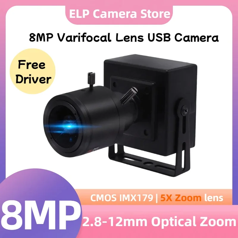 ELP 8MP Ultra HD Webcam 2.8-12mm Manual Zoom USB Camera 5x Varifocal Lens Free Driver Mini Camera for Windows, MACOS, Raspberry