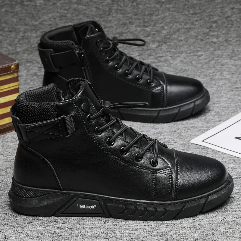 Men's casual leather boots size 2025 men's British men's boots with plush warm high top shoes