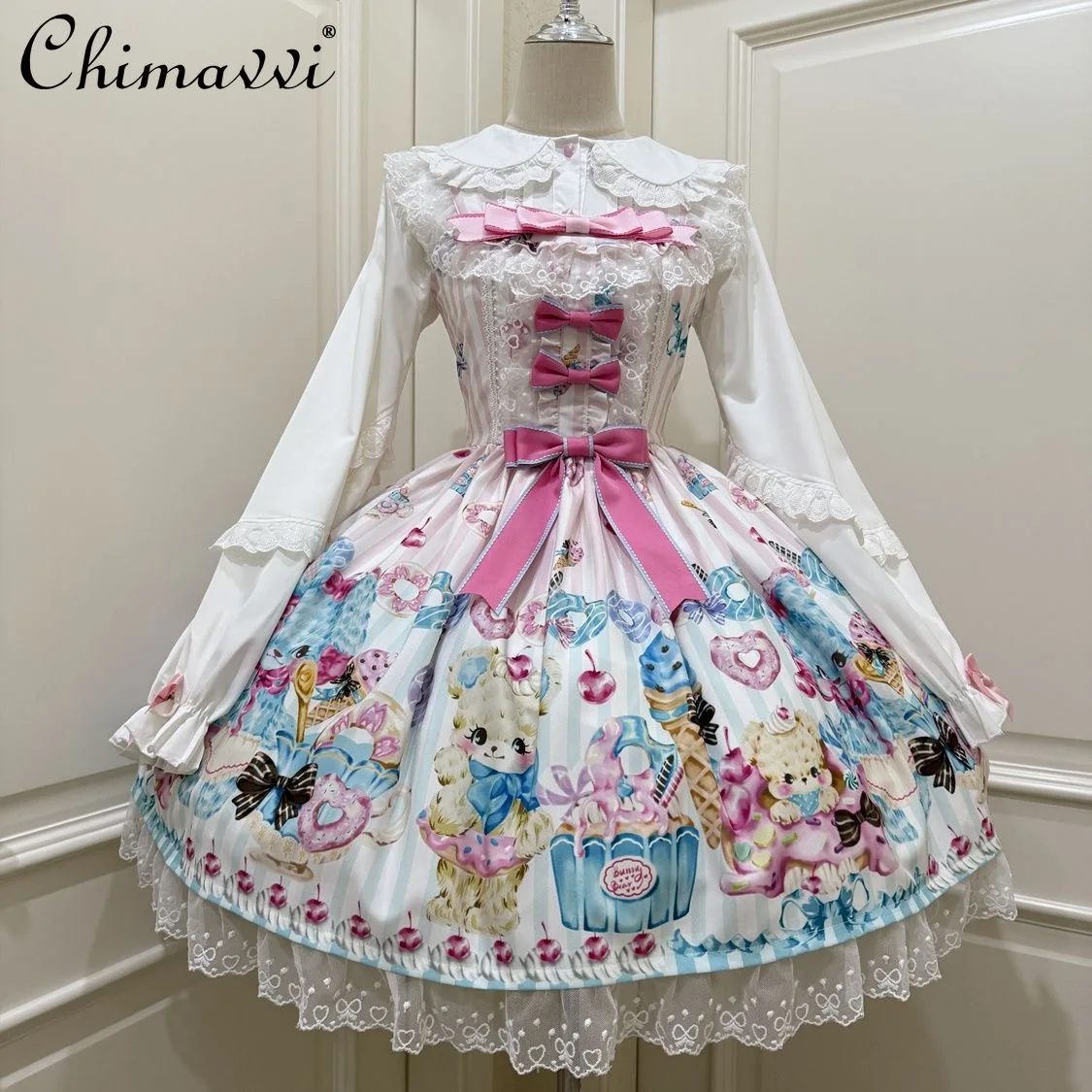 

Original New 2025 Summer Cute Printed Female Girls Suspender Dress Lolita Princess Women's Sweet Bow Lo Straps Midi Dresses