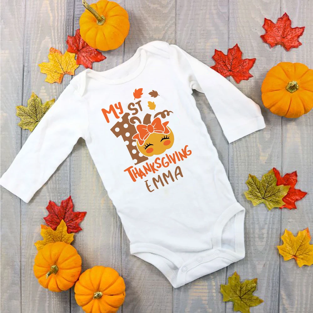 Personalized Baby Bodysuit First Thanksgiving with Name Romper Toddler Long Sleeve Outfits Infant Fall Infant Holiday Clothes