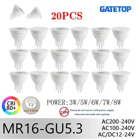 20PCS MR16 GU5.3 LED Spotlights Multi-Voltage 12V/110V/220V Bulbs Replace 50W Halogen Bulbs for Home Office Ceiling Lighting