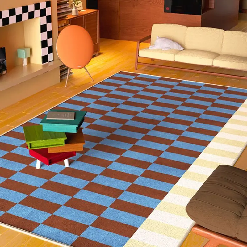 Retro Chessboard Style Living Room Rug Decoration Bedroom Non-slip Washable Maillard Carpet Large Size Fully Cover Office Mat
