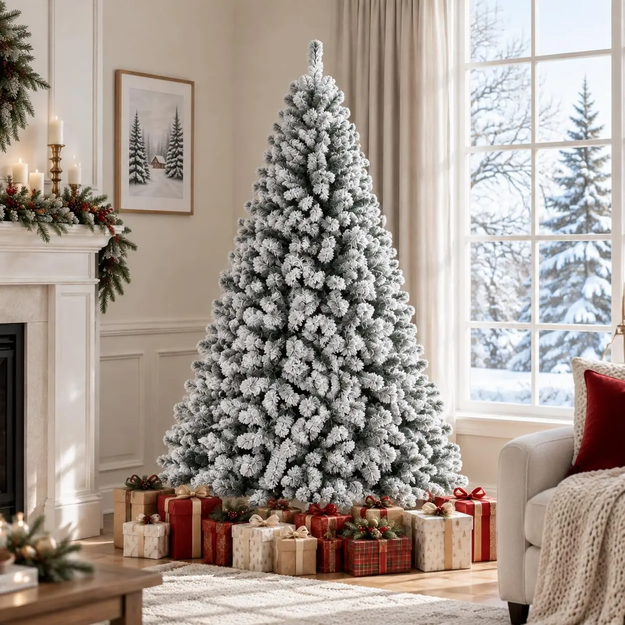 Outdoor Patio Decor 6 Ft Pre Lit Snow Flocked Fraser Fir Artificial Christmas Tree with Warm White Lights Hinged Branches Metal Stand Red Berry and Pinecone Decorations for Indoor Holiday Home Living Room Decor