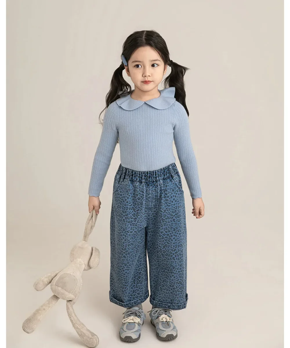 Children's Clothing kids vintage Fashionable blue leopard print pattern girls' jeans Straight casual pants Mother & Kids