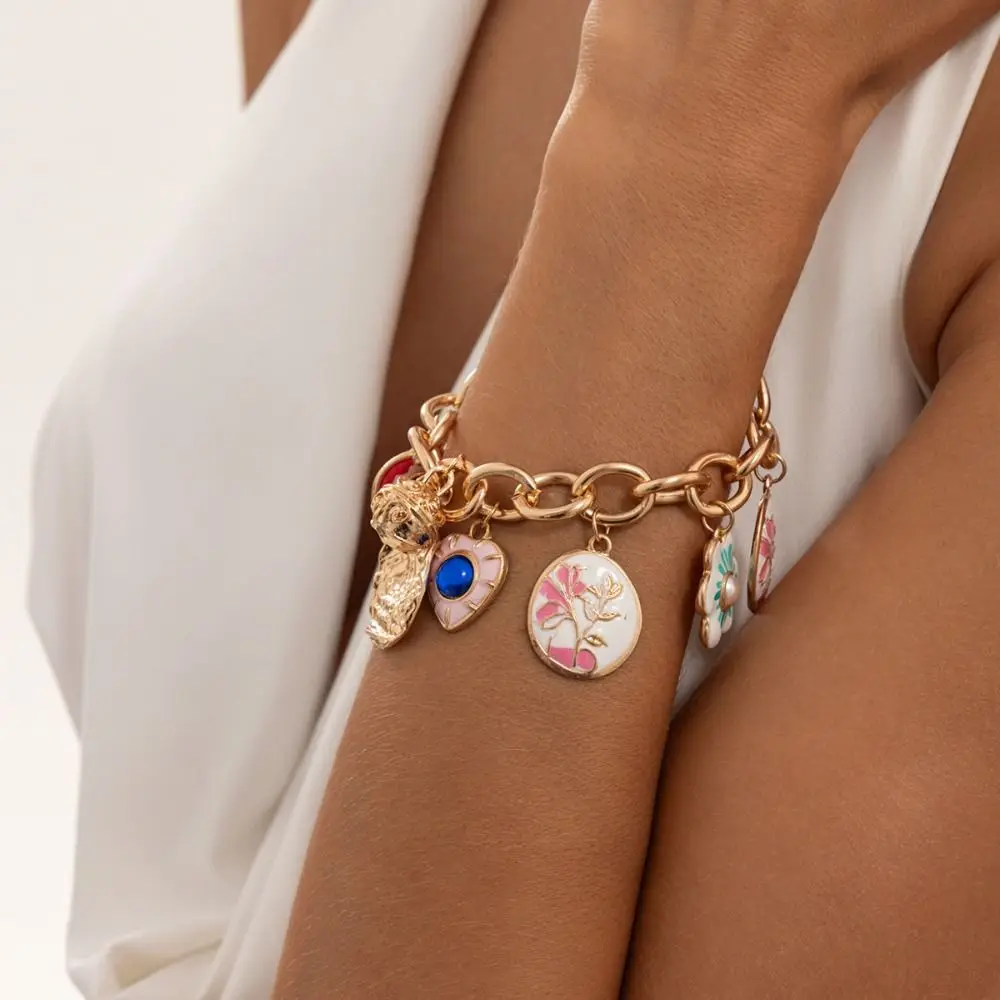 Trendy Charm Enamel Bracelet Print Pattern Flower Vintage Geometric Floral Bracelet Glaze Long Bohemian Bracelet Gift
