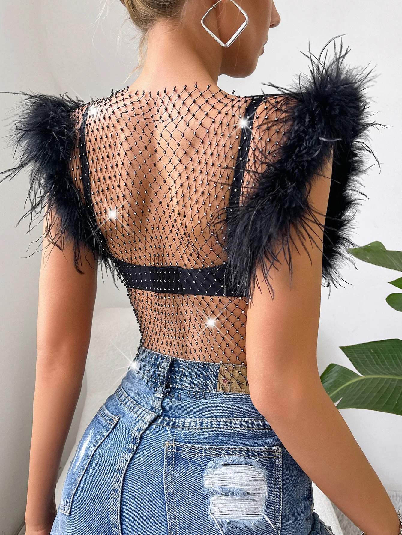 Feather Rhinestone Fishing Net Top 2024 Summer Mesh Rhinestone Glitter Women's Short Sleeve Tank Top