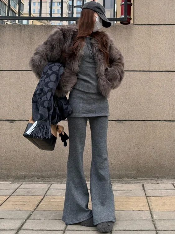 Deep ey High Waist Slimming Flared Pants Women's Early Autumn 2025 New Sle Spor False Two-Piece Casual Trousers