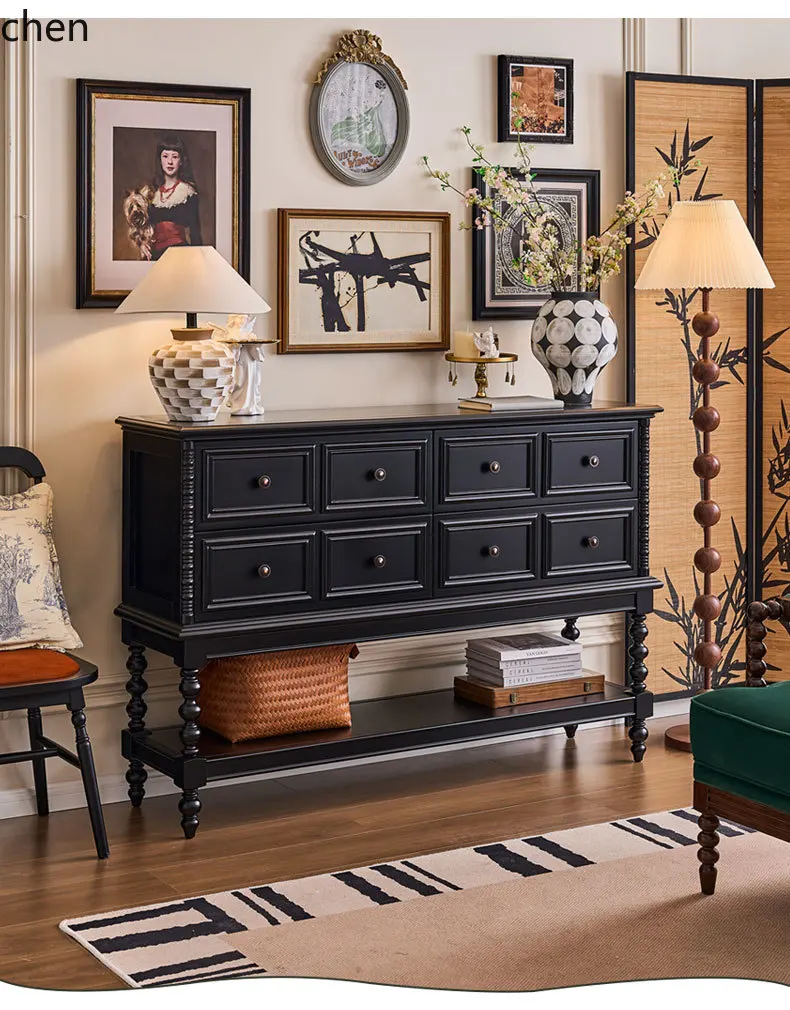 

LXC retro solid wood bucket cabinet living room wall locker black medieval entrance partition dining side cabinet