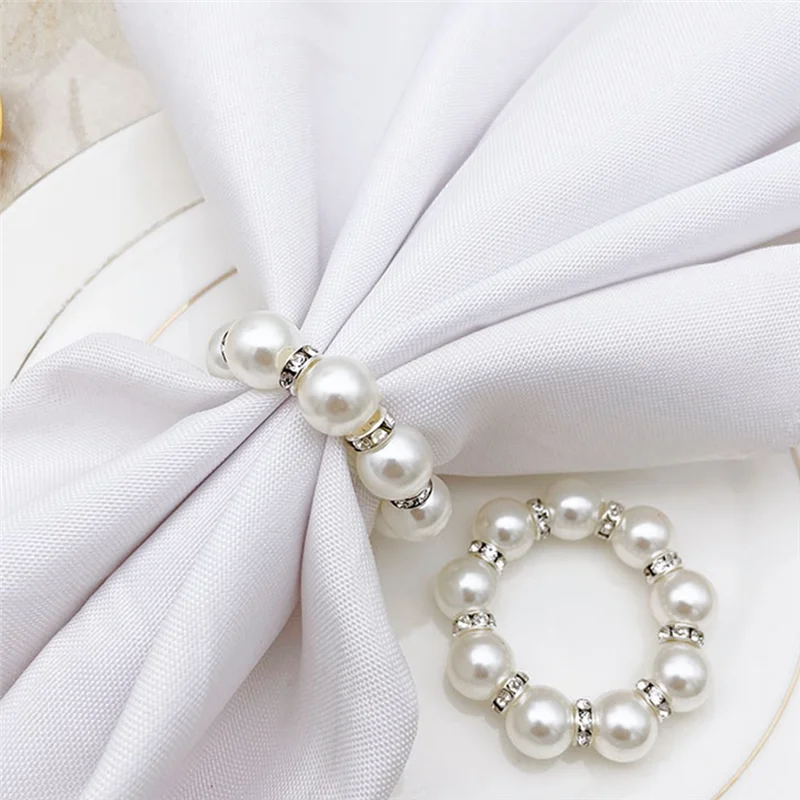 BAAG-100Pcs Pearl Napkin Rings Napkin Ring Holder Imitation Beaded Napkin Rings Elegant Rhinestone Serviette Rings Buckle