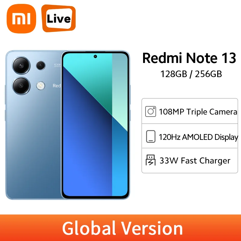 Global Version Xiaomi Redmi Note 13 4G 128GB/256GB Mobile Phone 108MP Main Camera 120Hz AMOLED Snapdragon 685 33W Fast Charging