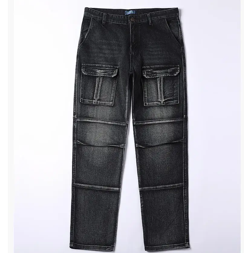 Men's Retro Black Multi-Pocket Workwear Denim Pants Loose Straight Fit Elastic Plus Size Long Trousers
