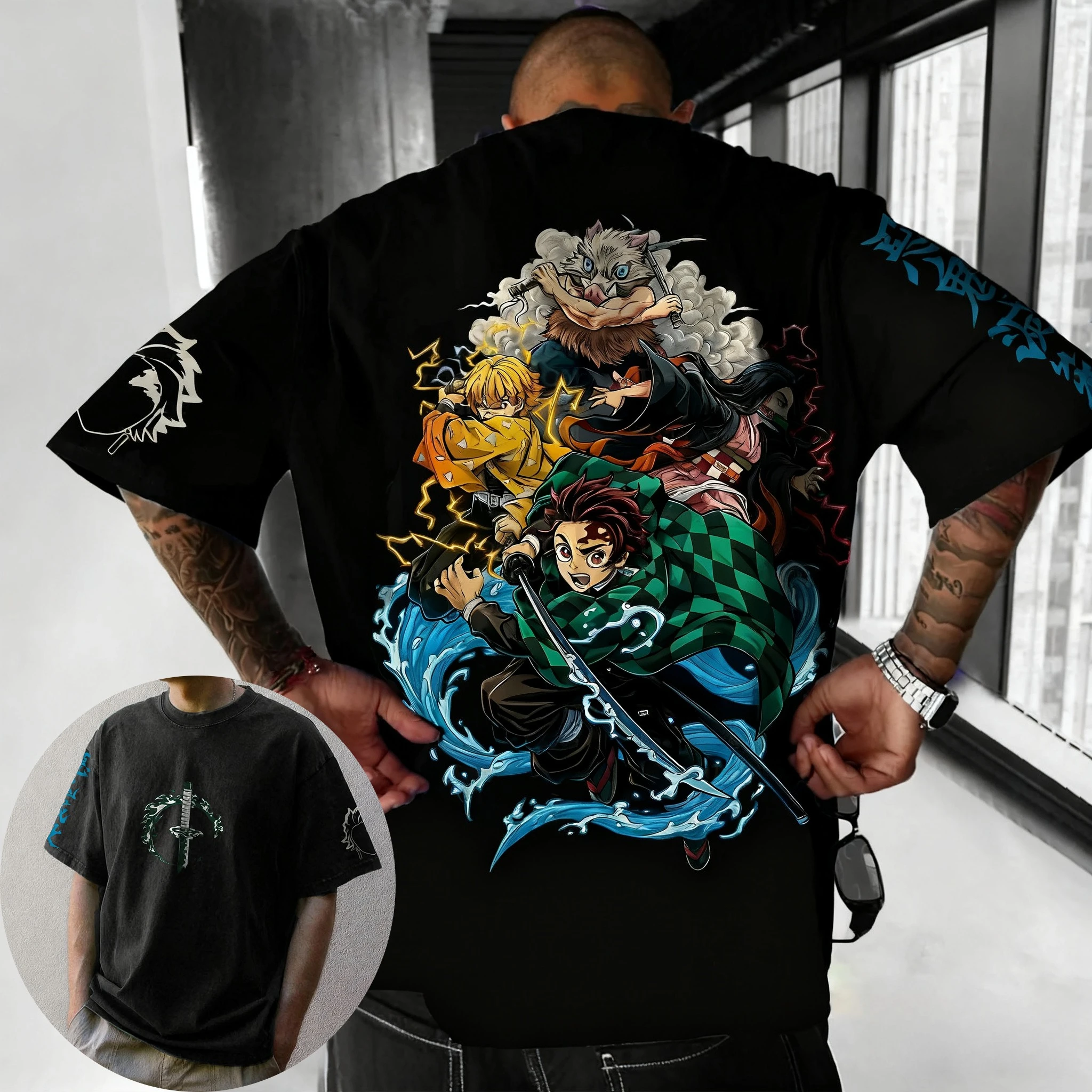 شيطان القاتل أنيمي مطبوعة الجبهة والخلفية تي شيرت 2026 الرجال الصيف جديد الأمريكية الهيب هوب العصرية عادية فضفاض الوالدين والطفل