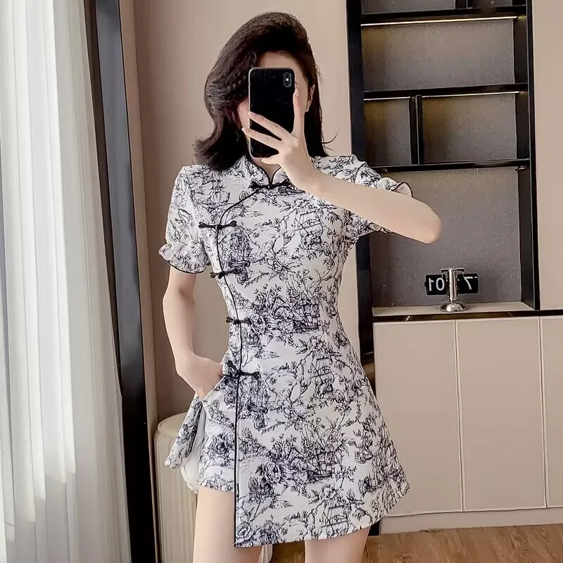 Women's Summer Two-Pieces Set Chinese Style Top with Buckles Slit Shorts Matching Outfit Traditional Ethnic Fashion Outfits