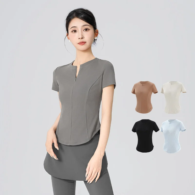 Top da ballo da donna con colletto alla coreana con cerniera Top da allenamento per balletto Giacca da ballo in cotone Top fitness a maniche corte attillati