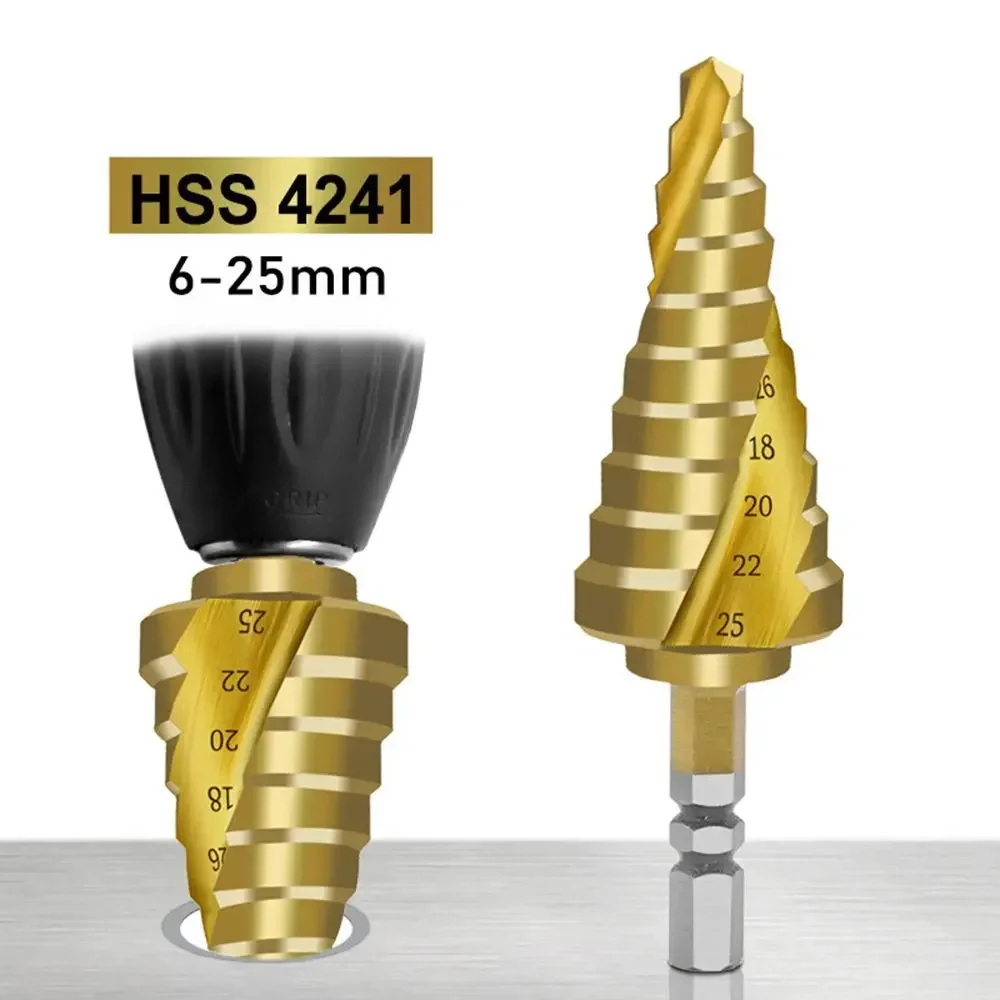 1Pcs 6-25 Hexagonal Shank Pagoda Step Drill Titanium-Plated Spiral Groove Reaming Drill High Speed Steel 4241 Bit Wood Cutter