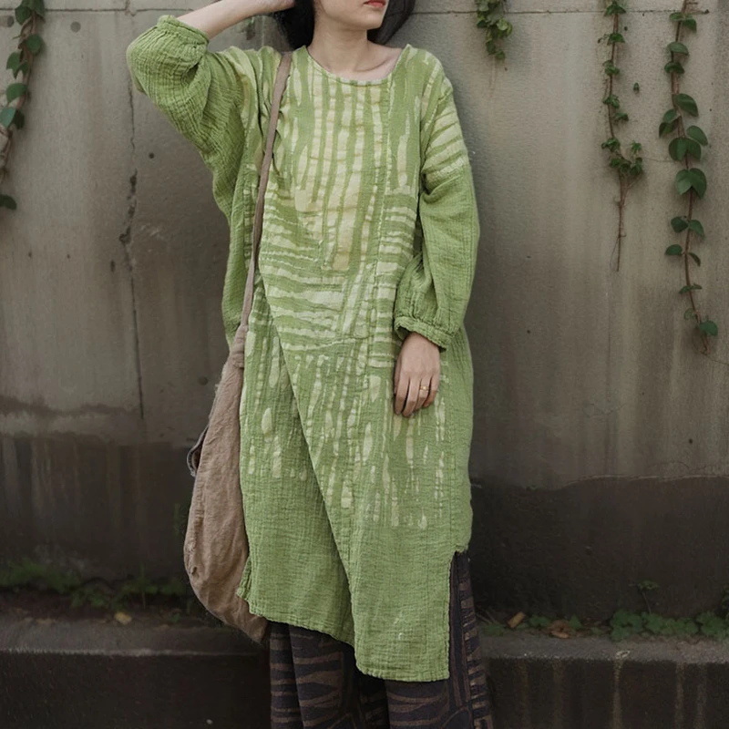 

Women Cotton Linen Casual Dress New Arrival 2025 Spring Vintage Style O-neck Striped Loose Comfortable Female Long Dresses M1505