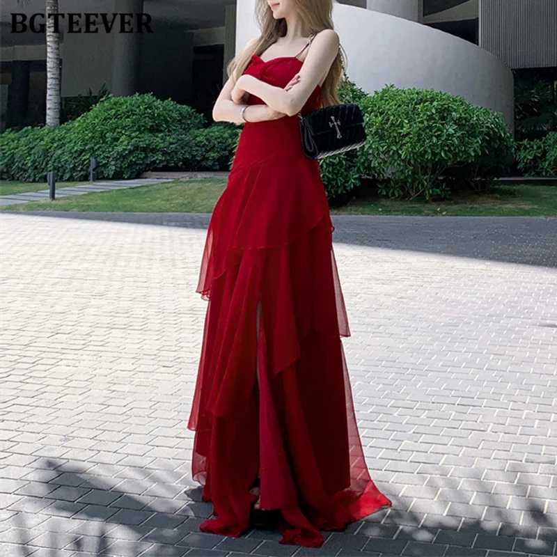 BGTEEVER Summer Elegant Ladies Spaghetti Strap Ruffles A-line Dress Vintage Women Slim Waist Sleeveless Party Dress