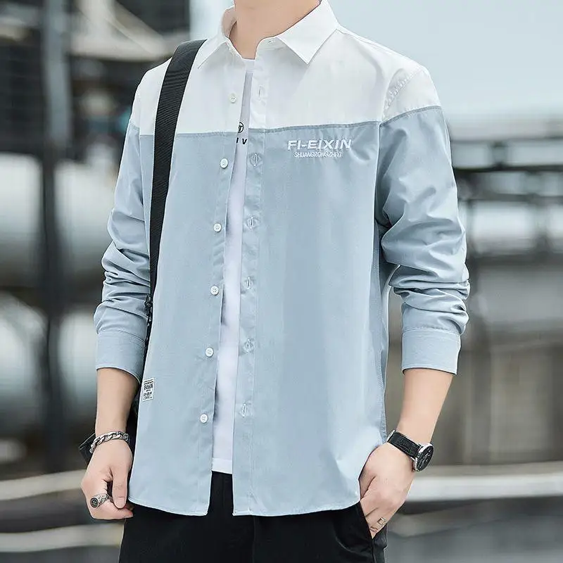 Spring Autumn New Fashion Turn-down Collar Long Sleeve Blouse Men\'s Clothing Patchwor Color Blocking Button Pockets Chic Shirts