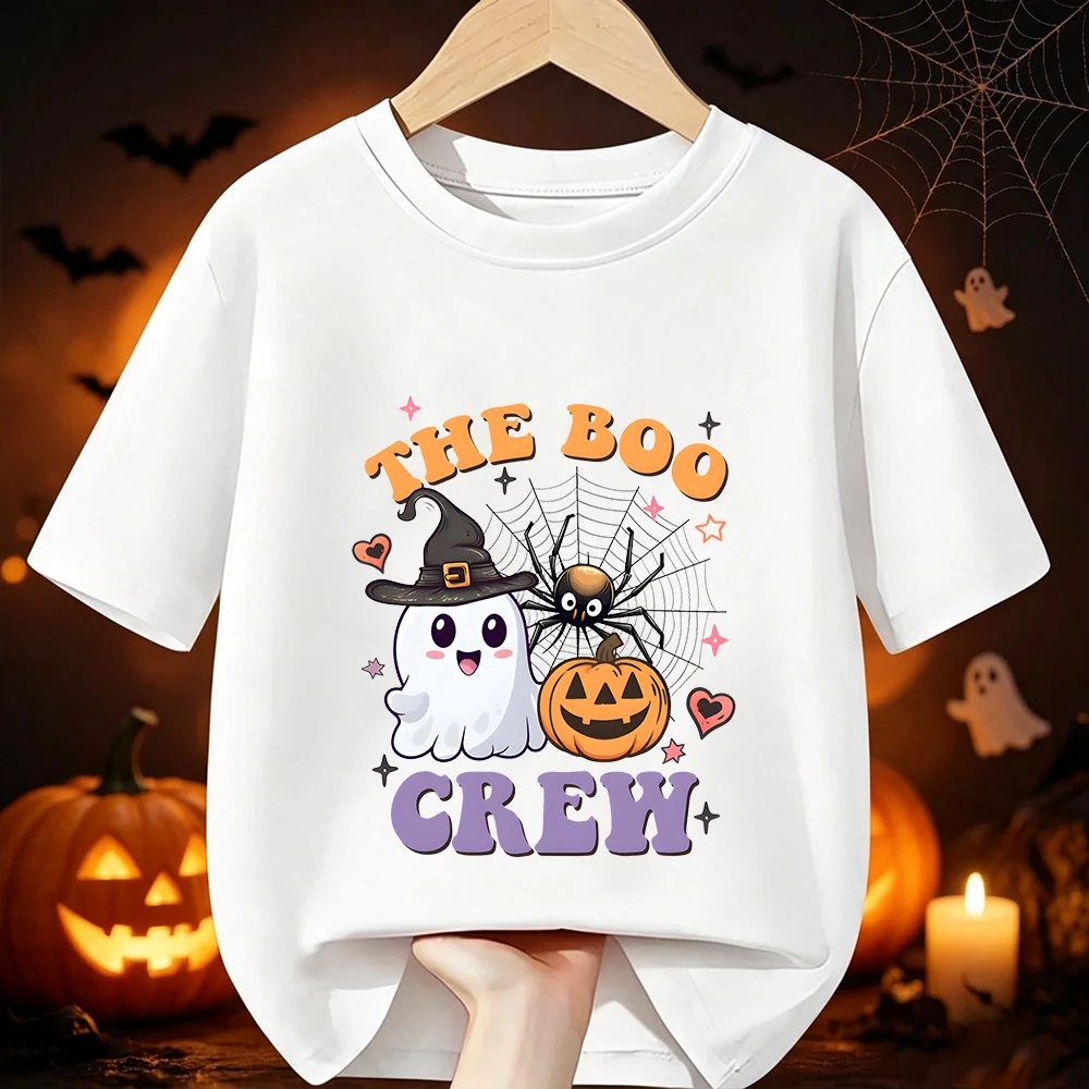 The Boo Crew Ghost Pumpkin Print Children's T‑Shirt Halloween Spider Spooky Pattern Soft Cotton Short Sleeve Boys Girls Clothes