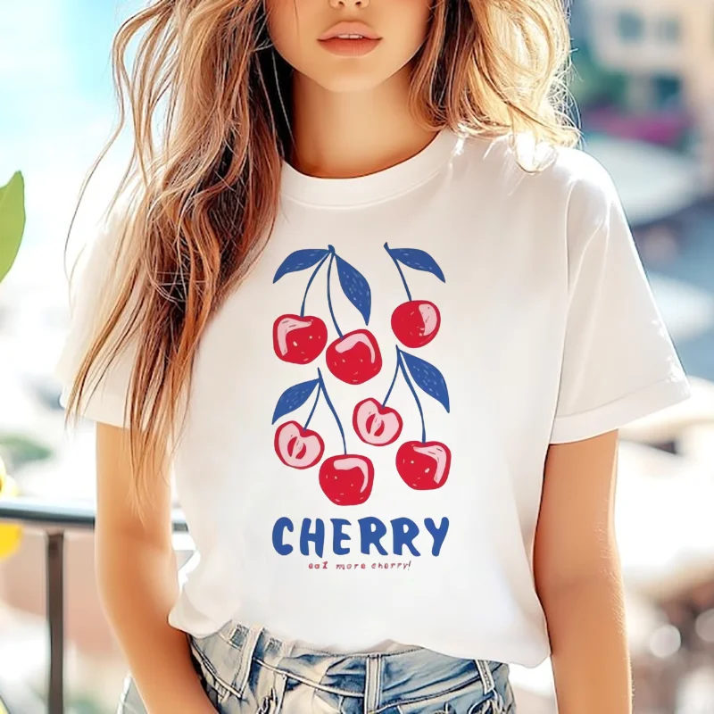 

Women's Printed Cherry Pattern Cartoon T-Shirt Casual Round Neck Short Sleeved Top Harajuku Summer Women's Trendy Vacation Top