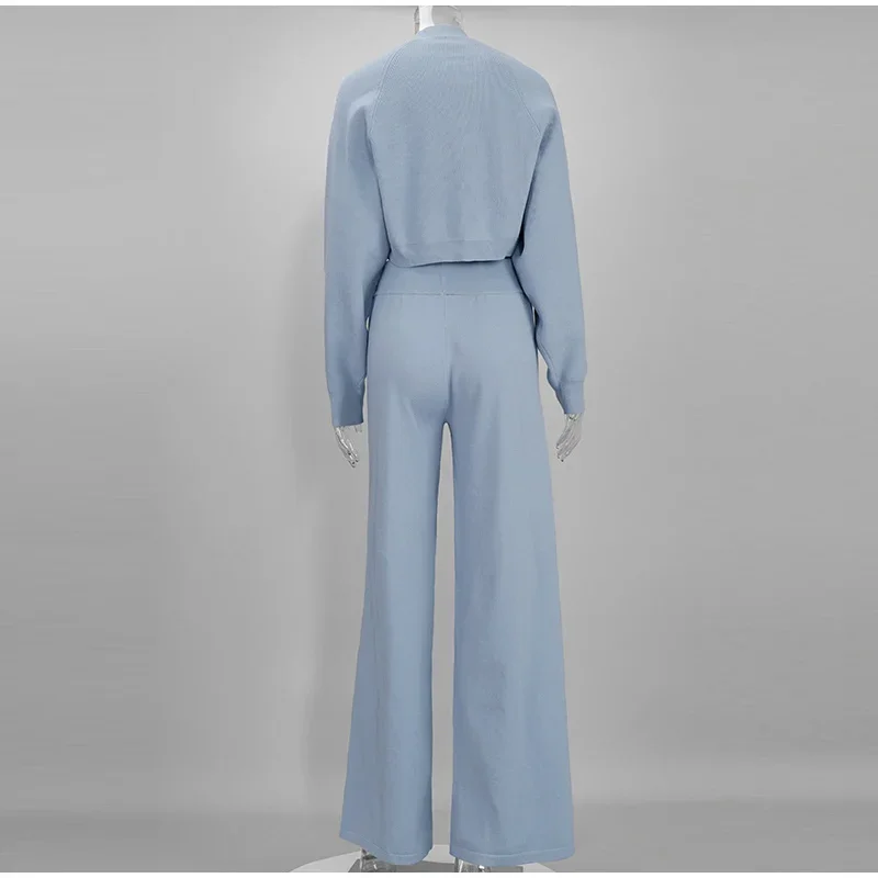 Damen Strick-3-Teiler-Set: O-Ausschnitt, ärmelloses Crop-Top, Langarm-Mantel, weit geschnittene Hose, Herbstmode, neue Strickwaren für Damen – Detail 2