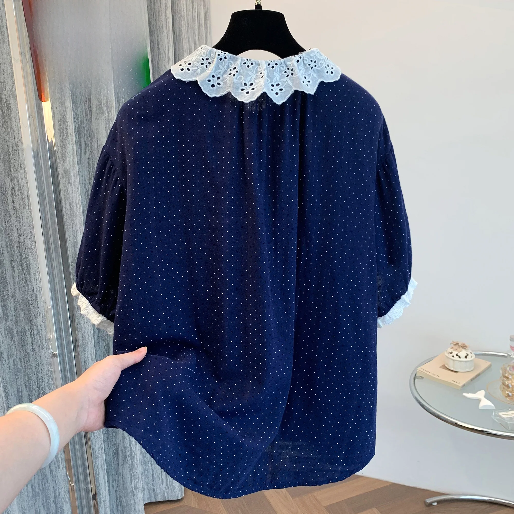 

Deep Blue Polka Dot Pure Cotton Casual irt Women's Lace Collar Loose ort Sve Comfortable Versatile Faion Summer Thin