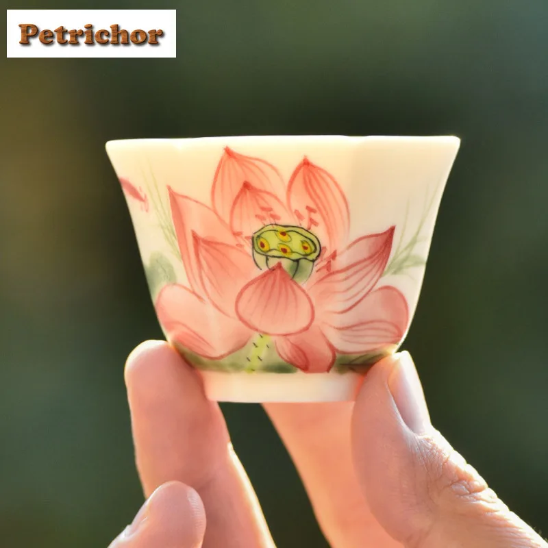

50ml Hand Drawn Lotus Flower Hexagonal Teacup Luxury Tea Bowl Water Jug Meditation Cup Chazhan Master Cups Tea Items Collection