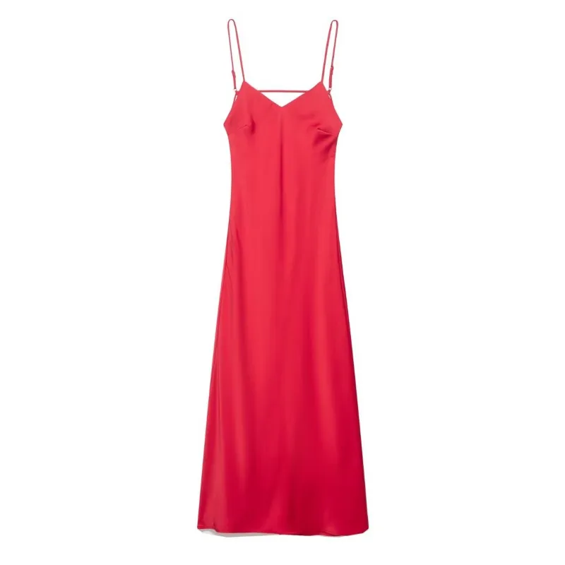 Lente Vrouwen Satijnen Midi Jurk Sexy Backless V-hals Dunne Bandjes Dame Elegante Lange Jurk Vrouwelijke Chique Jurken