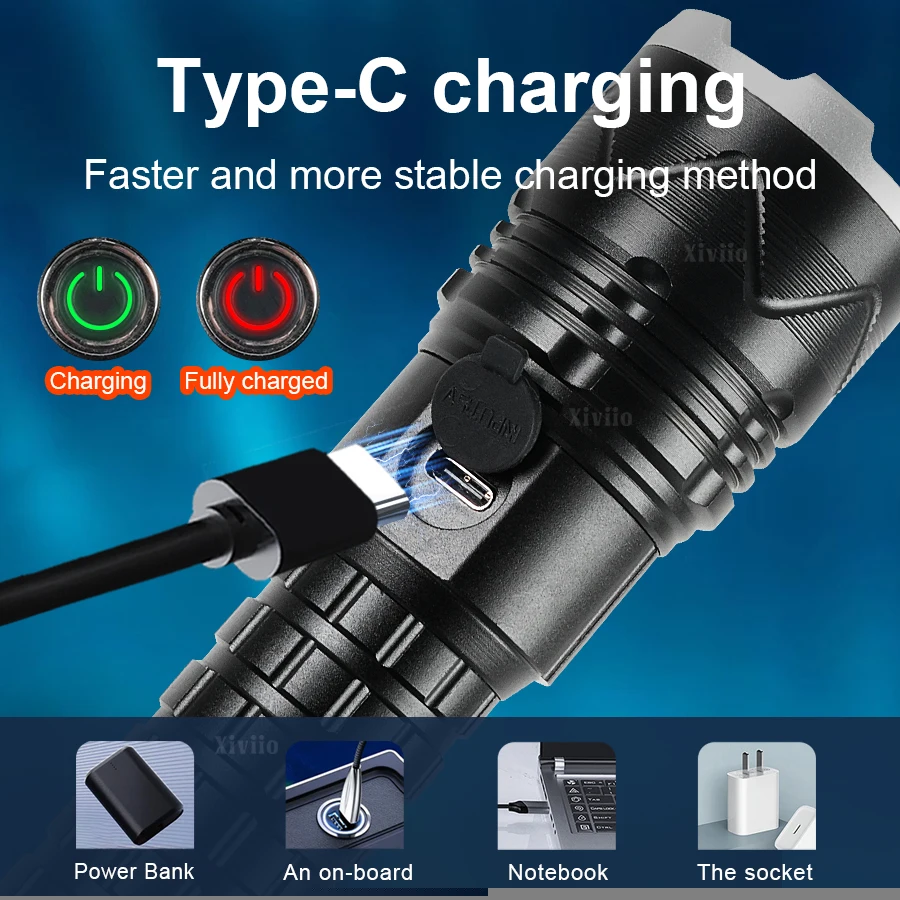 2025 4000LM Most Powerful LED Flashlight USB Rechargeable Lamp XHP70 Ultra Powerful Flashlight Tactical Lantern Camping Torch