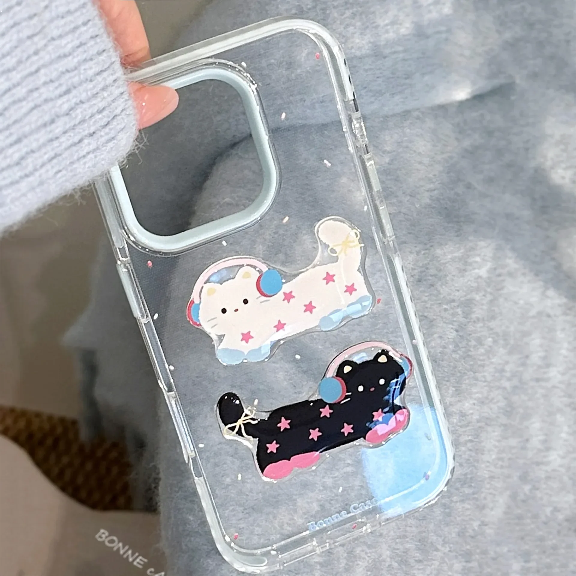 Funda de teléfono de gatito de lunares azules y negros de dibujos animados para IPhone17 16 15 14 12 13 11 Pro ProMax Plus X XR cubierta de teléfono a prueba de golpes