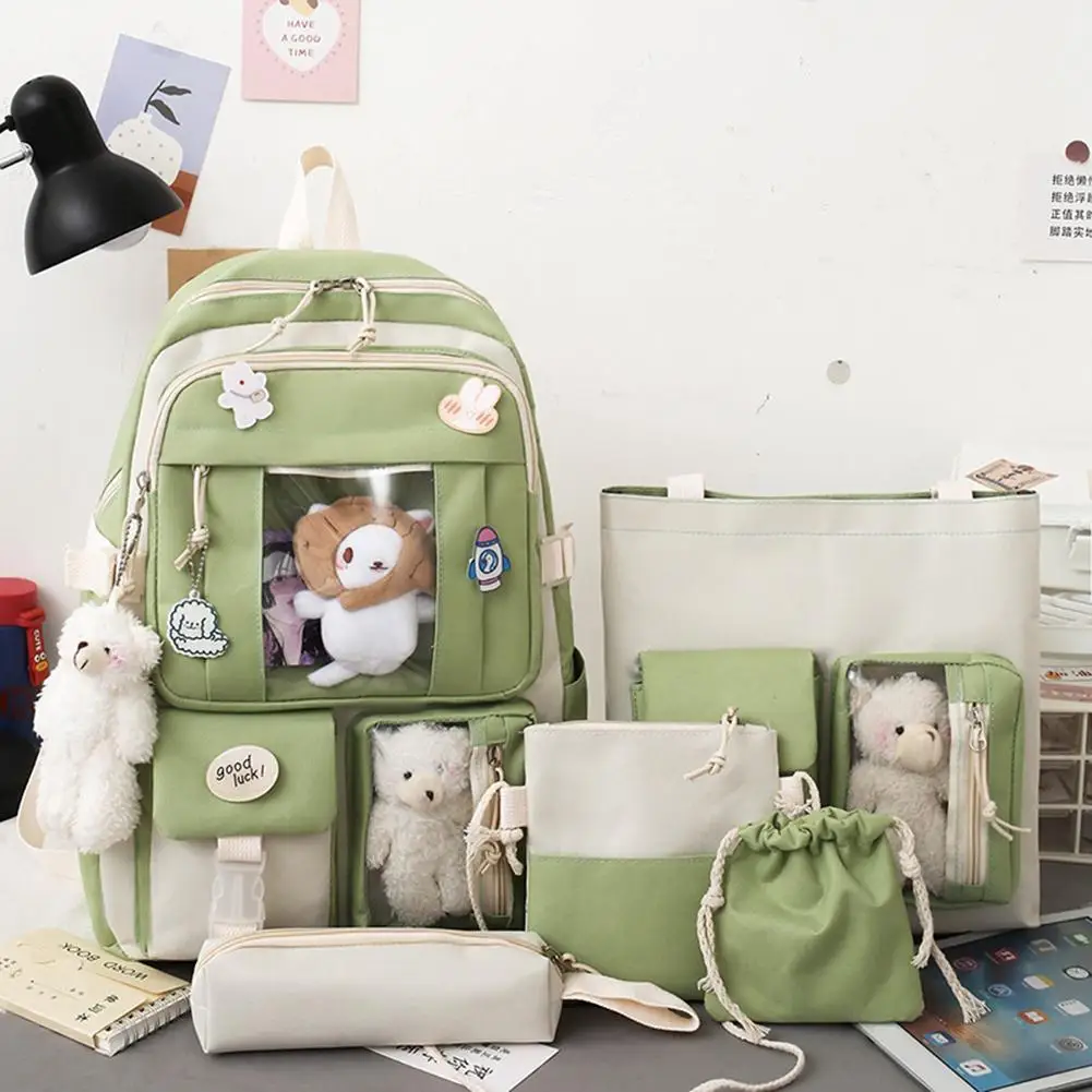 5 قطع من حقائب الظهر المدرسية للفتيات المراهقات متعددة الجيوب حقيبة ظهر للنساء من Mochila حقائب كتب للسفر وحقائب كتف #5