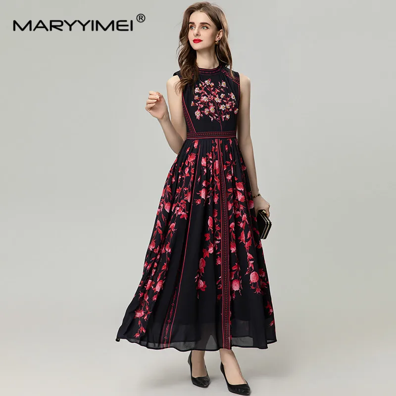 

MARYYIMEI Fashion Women's New Sleeveless Tank Beaded Diamond Vintage Black Long Dress Elegant Printed Shaggy Summer Maxi Dresses